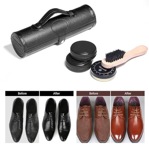 YUET Shoe Polish Kit Cleaning Shine Care Barrel Set For Brown Black Leather With Brush Travel Case Luxury Premium Soft Horsehair Bristle Dauber, Wooden Applicator, Shoehorn, Cloth 12 Piece (Black) — view 3