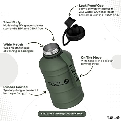Fuel24 Stainless Steel Jug - 1.3 or 2.2 Litre Water Bottle - Extra Strong, BPA Free, Leak Proof - Large Gym Sports Bottle, 1.3L, 2.2L, Metal Bottle - Colour Options — view 3