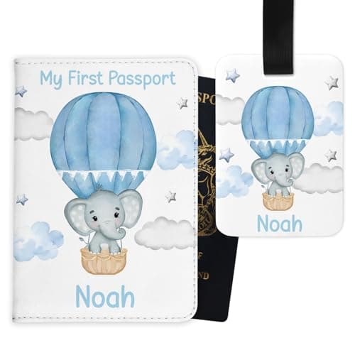 Chicken Craft Personalised Baby Passport Cover & Luggage Tag Set - Custom My First Passport Travel Gift for Toddlers - Elephant Design for Boys or Girls (Blue)