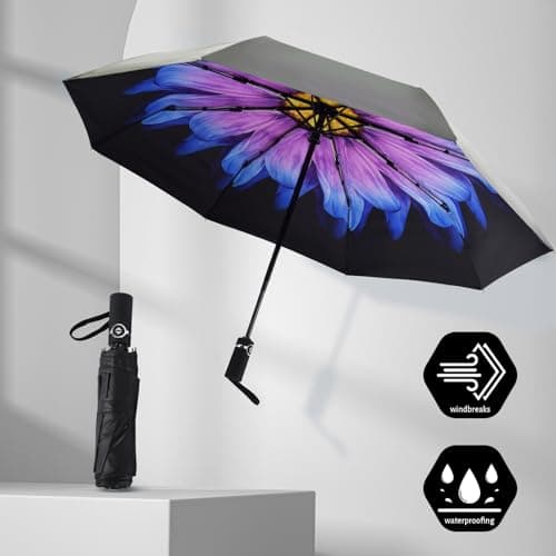 SY COMPACT Automatic Windproof Umbrellas Travel Strong Umbrella for Rain and Sun Protection Small Umbrella UV Blocking for Women and Men (Purple Flower) — view 2