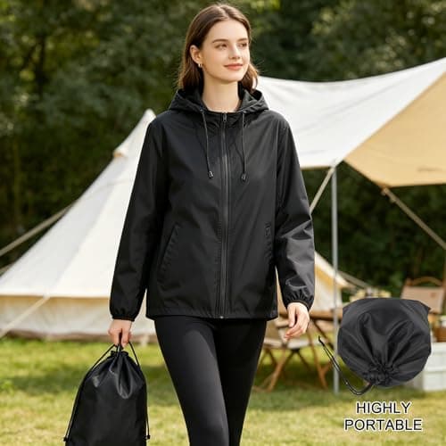 ADUDVLO Packable Waterproof Jacket Womens Lightweight, Hooded Rain Jacket Windproof Raincoat for Women with Pockets for Hiking, Travel, Running (UK, Alpha, S, Regular, Regular, Black) — view 6
