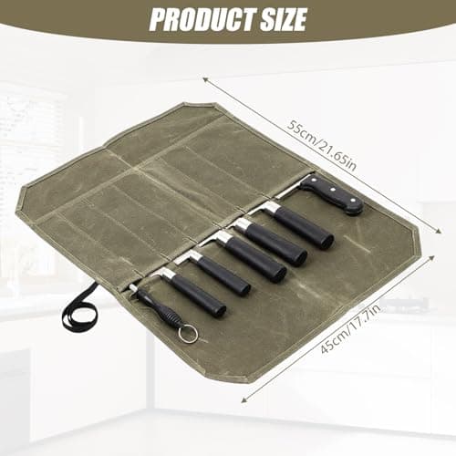GYMMFK Knife Roll for Chefs, 7 Slots Waxed Canvas Knife Bag Case for Pro Chefs or Culinary Enthusiasts, Large Capacity Easy Carry (Army Green) — view 2