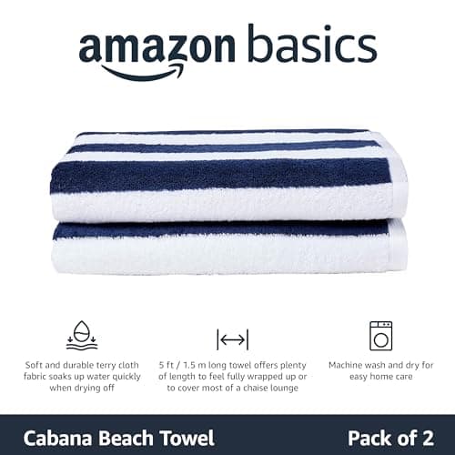 Amazon Basics Beach Towel, 100% Cotton Cabana Stripe, Pool, Gym & Spa Towels for Adults, 76 x 152 cm, Navy Blue, 2-Pack — view 2