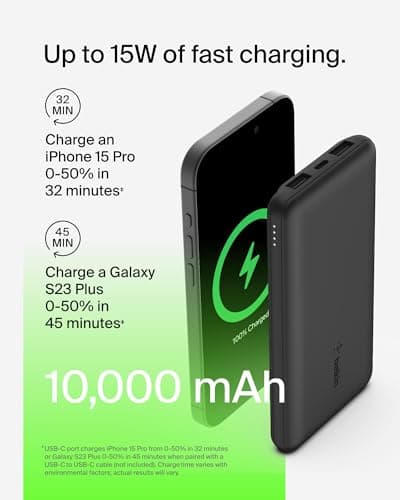 Belkin Portable Charger, 5-in-1 Power Bundle with 10000 mAh Power Bank, 2-25W USB-C Charging Block, EU/UK Plug, 60W USB-C Cable, and Travel Pouch – Fast Charging for Multiple Devices, Compact Design — view 5
