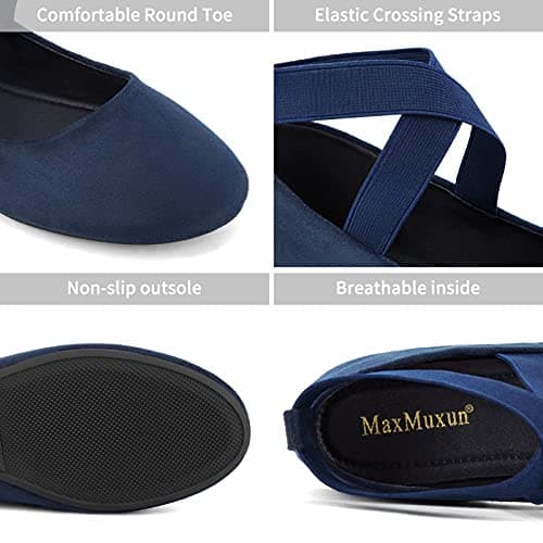 MaxMuxun Womens Ballerina Ankle Elastic Crossing Strap Round Toe Comfy Pump Shoes Navy Blue — view 6