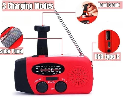 Handsider Wind Up Radio, Solar Emergency FM AM NOAA Portable Radio with SOS Alarm, LED Flashlight, 5000mAh Power Bank USB C Cellphone Charger for Camping Hiking (5000mAh Red) — view 4