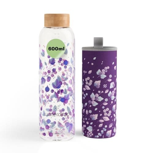 waterdrop® Glass Water Bottle 600ml – Water Flask with Bamboo Lid & Sleeve, Reusable Borosilicate Glass Flask, Leakproof, Ideal for Travel, Office, Gym, Home