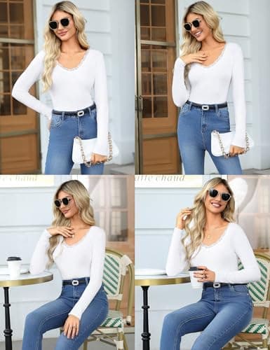 Crewhpo Womens Thermal Tops Long Sleeve Lace V Neck Base Layer Slim Fit — view 5