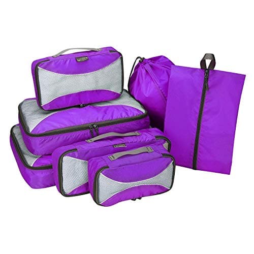 G4Free 3/6/7 Pieces Packing Cubes Organiser for Suitcase, Foldable Clothes Bag, Shoe Bag, Packing Cubes for Clothes, Luggage, Travel Set, Purple, (S+Slim+M+L+XL+Drawstring Bag+Shoes Bag)-7 Pieces — view 5