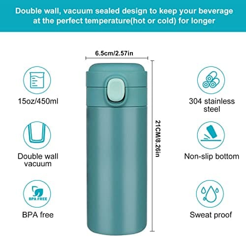 YINJAM 450ML Travel Mug Reusable Coffee Cup Insulated Thermal Mug Stainless Steel Leakproof Flask Tumbler for Hot Cold Drinks (Blue) — view 6