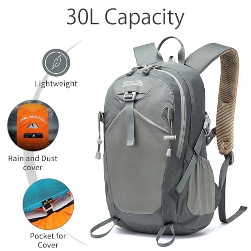 Lightweight Hiking Backpack, 30L Women/Men Waterproof Travel Rucksack Bag with Rain Cover, Outdoor Small Foldable Daypack for Student, Fit for 15.6 inch Laptop (Grey, 30L) — view 3