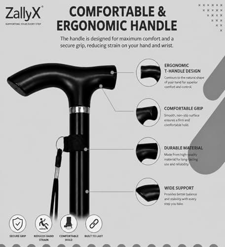 ZallyX Foldable Walking Sticks for Men & Women, 85–95cm Adjustable Ladies Walking Stick, Mobility aids, Collapsible walking stick For Elderly Adults (Black) — view 3