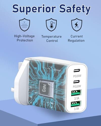 Ozzgen 40W 4-Port UK USB C Fast Charger Plug | Dual PD20W USB-C & 2 USB-A Mains Adapter, Compact Fast Wall Charger for iPhone 16/15/14 Pro Max, iPad, AirPods, Samsung, Travel Home Multi Device Charger — view 4