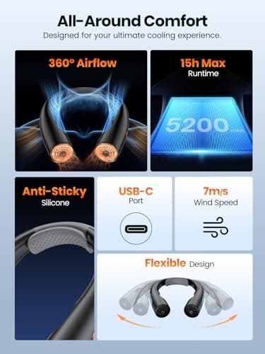 Warmco N3 Portable Neck Fan, 5200mAh Rechargeable Personal Fan for Travel — view 5