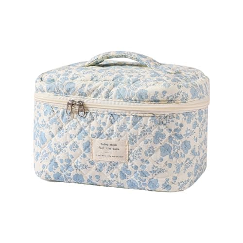 uekeboag Large Travel Quilted Makeup Bag for Women, Cotton Floral Cosmetic Bag, Coquette Aesthetic Toiletry Organizer Bag, Light Blue-Flower