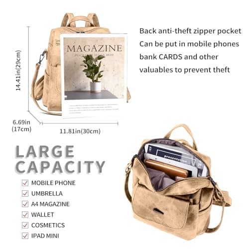 Puwuzixi Women Backpack Waterproof Anti-Theft Lightweight PU Fashion Travel Multipurpose Convertible Purse Shoulder Bag Handbag Backpack Khaki — view 4