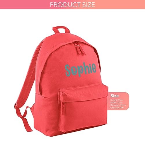 Print Maniacs Personalised School Backpack Large 18L Kids Travel Rucksack Junior Shoulder Collage Rucksack Back To School Girls Boys Lunch Swimming P.E Laptop Book Bag Name (Coral) — view 2
