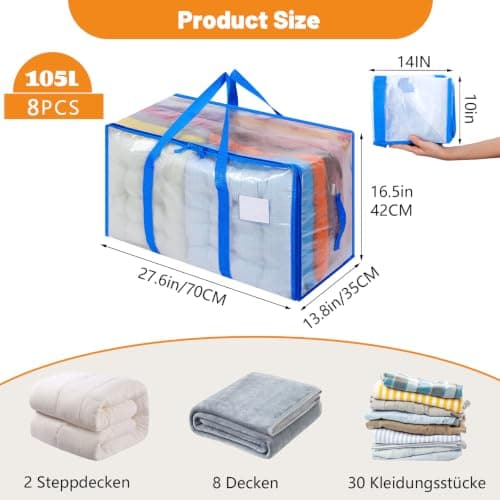 Dntorx 8 Pack 105L Moving Bags Clothes Storage Bags Drom Packing Box, Blue — view 2