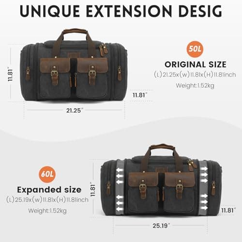 Imyth 60L Large Capacity Leather Duffle Bag - Classic Vintage Expandable Canvas Weekend and Overnight Travel Bag, Airplane Carry-On Luggage (Black) — view 2