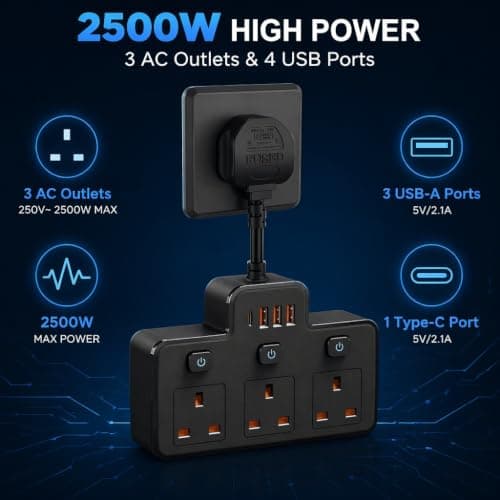 Multi Plug Extension, Short Extension Lead, 3 Way 4 USB Plug Adapter — view 2