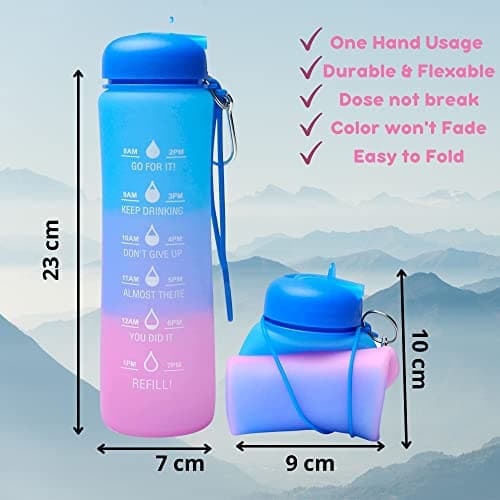 Motivational Water Bottle with Time Markings - 0.6 Litre Foldable Collapsible Gym and Sports Silicone Water Bottle - Running Drinks Bottle For Women, Men, Girls, Boys, Cycling, Hiking, Travel — view 2