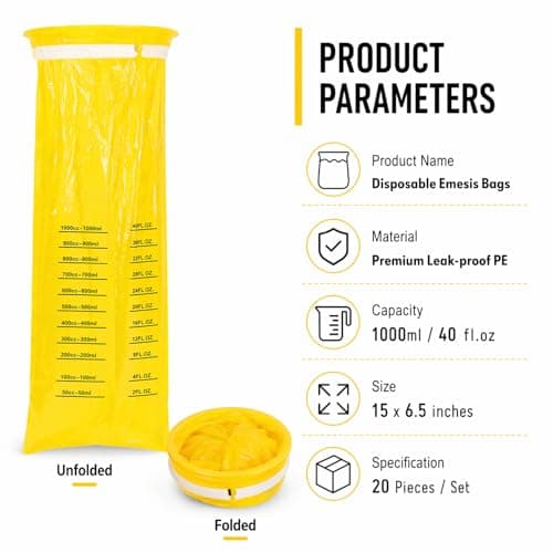 20Pack Vomit Bags Disposable Barf Bags,1000ml High Density Emesis Bags with Snap,Perfect for Morning Sickness,Kids,Pregnant Woman,Car Motion Sickness，Airsick (yellow) — view 2