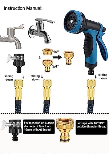ZhiheHui Garden Hose 50FT Garden Retractable Hose w/ 3/4''，1/2 Fitting & 16mm Universal Adapter Garden Hose w/ 10 Patterns of Water Spray Guns Garden Watering Car Washing Pet Bathing etc.，Blue 50ft — view 5