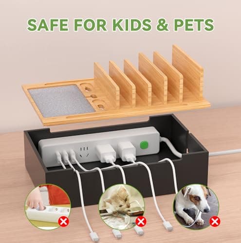 Pezin & Hulin Bamboo Charging Station, Electronic Devices Organizer for Multiple Devices Charger Such As Cell Phone, Tablet, Watch and more, Natural+Black, (No USB Charger and Cables） — view 3