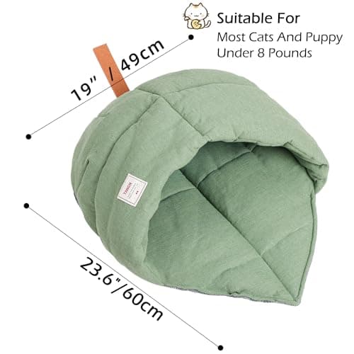 TANGN Cat Sleeping Bag, Linen Fabric Bed Cave Leaf Nest Pet Cuddle Zone Covered Hide Hood Burrowing Cozy Soft Durable Washable with Non-Slip Bottom for Indoor Puppy and Kitten (Green) — view 5
