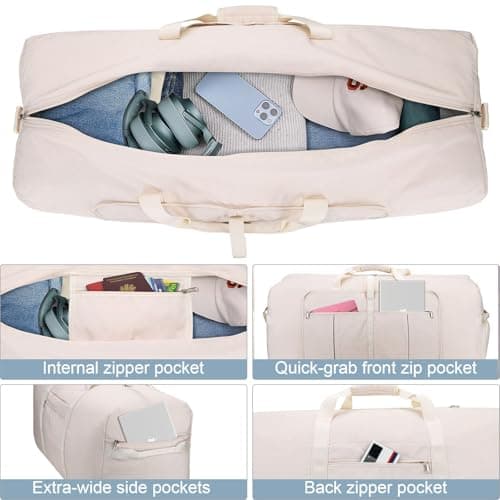 Urtala Travel Duffel Bag for Women & Men, Large Foldable Overnight Weekender Bag with Shoes Compartment & Shoulder Strap, Lightweight Waterproof Luggage Bag, Beige, (80L) EU, Casual — view 4