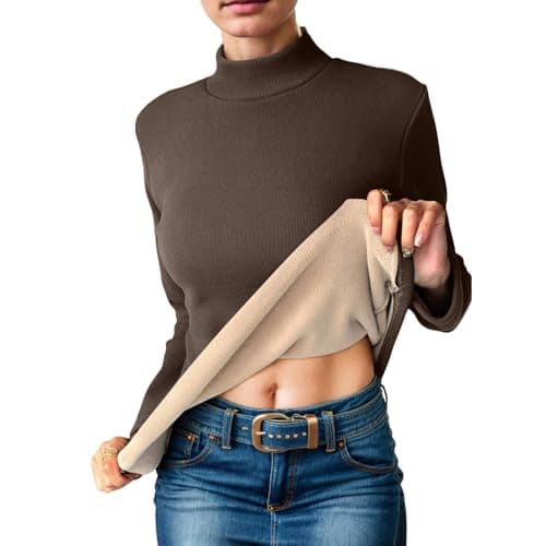Longra Thermal Pullover Long Sleeve Top Women Stretchy Ladies Turtle Neck Thermals Jumpers T Shirt Base Layer Thermal Underwear Warm Fleece Shirt Winter Thermals Wear for Women Coffee — view 5