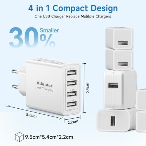 EU Travel Adapter Charger 2Pack, 25W UK to European Plug Adapter Fast Charging with 4 USB A, European Wall Adaptor EU USB Adaptor Plug Fast Charger for iPhone 17 16 15 14 13 12,iPad,Samsung Galaxy S25 — view 3