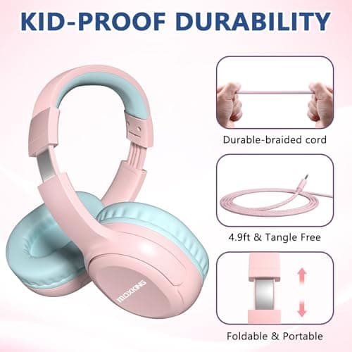 MOXKING Kids Wired Headphones with Microphone, Safe Volume Limiter, Pink — view 6