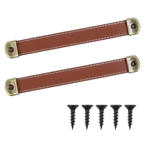 Larrel 2 Pcs Leather Drawer Pulls, Brown Leather Strap Handles with 4 Pcs Mounting Screws, Lightweight Leathers Luggage Handle for Trunk Suitcase Luggage Dresser Door