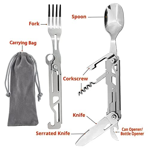 HONZIN Folding Camping Cutlery Set, 5 in 1 Multifunctional Portable Stainless Steel Cutlery, Outdoor Detachable Tableware Utensil for Travel, Hiking, Picnic, with Drawstring Pouch (1 Pack) — view 2