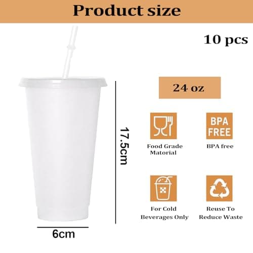 Punklong 10 Pack Clear Plastic Cups with Lids and Straws,24 oz Reusable Clear Plastic Tumblers,Party Tumbler Cup Iced Coffee Cup Travel Mugs for Adult Kid Women Party and Beach — view 2