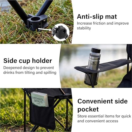 Vivo Technologies Set of 2 Lightweight Folding Portable Camping Chair with Cup Holder and Side Pocket Outdoor Folding 120kg Capacity, Fishing, Picnics and Travel Black — view 5