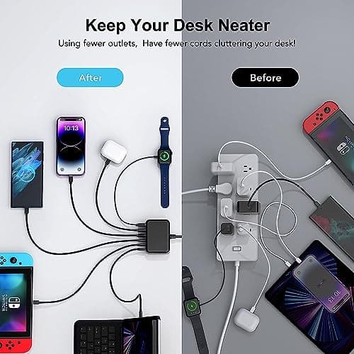 USB C Charger, 100W Multi USB Desktop Charger, Type C 6-Port GaN USB C Fast Charger, Portable USB Travel Charging Station Compatible with iPad iPhone 16 15 14 13 12 Pro Max Pixel Note Galaxy 5ft Cord — view 6