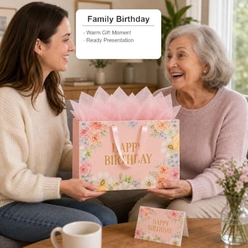 OMBRISA Birthday Gift Bag for Present 2Pcs, Happy Birthday Party Present Bags with 6 Tissue Paper and 2 Greeting Card, Luxury Paper Gift Bags, Pink Wrap Wrapping Bag for Girl Women Gift (30x12x22cm) — view 5