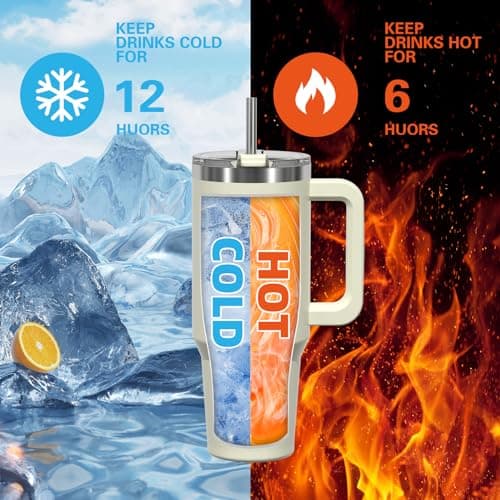WATERSY Travel Mug Coffee Cup 40oz Tumbler Straw Lid and Handle, Stainless Steel Double Wall Vacuum Insulated Coffee Water Bottle for Cold Hot Coffee 1182ml Cream White — view 2