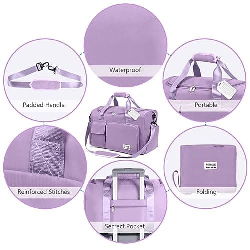Foldable Travel Duffel With Wet and Dry Separation - Lightweight Large Capacity Holdall for Gym, Sports, Hospital, Overnight Weekend - Purple — view 5