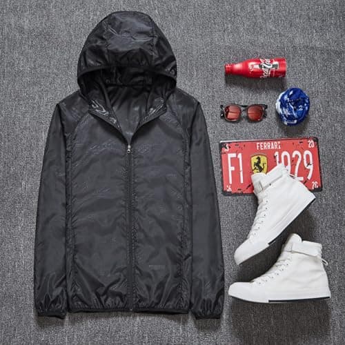 JiaYouLC Men's Packable Lightweight Waterproof Jacket No Pocket Hooded Raincoat in a Bag Sun Protection Windproof Rain Jacket (UK, Alpha, M, Regular, Regular, Black) — view 2