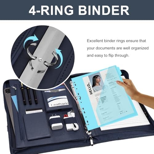 Leathario Portfolio Folder A4, Vegan Leather Conference Folder with Handle, 4-Ring Travel Document Holder with 5 5-Part File Dividers, Multi-Pocket Document Folder Organiser, Office Supplies — view 5