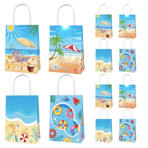 12P Summer Beach Gifts Paper Bags with Handles,Swimming Pool Theme Paper Kraft Paper Gift Bags for Smmer Pool Gift Boxe,Hawaii Candy Treat Goodie Bags for Baby Shower Birthday Pool Party Accessories