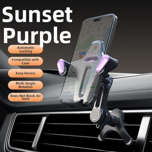 Air Vent Car Phone Holder ABS Secure Clamp Purple Grey Car Phone Mount Air Vent Clip Sturdy ABS Phone Holder for Bumpy Roads Phone Mount for 4-7 Inch Phones Quick Install Air Vent Phone Holder(Purple) — view 2