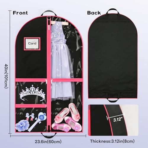 Costume Garment Bags for Dancers, Garment Bags with 3 Clear Zipper Pockets, Clothes Covers Protector Bags for Suits, Travel & Sports Jersey, Cheer Uniform, Cosplay (Pink, 2 Pack (40inches)) — view 2