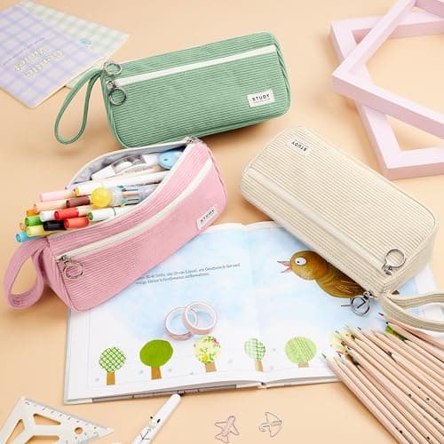 KALIDI Corduroy Pencil Case Large Aesthetic Pen Bag School Office Organizer — view 5