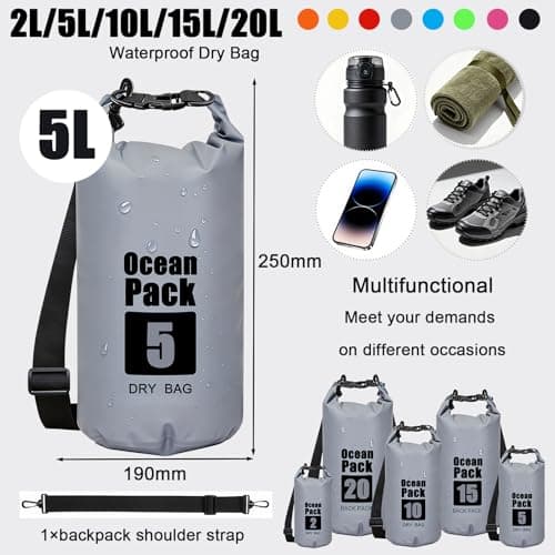 RONGZUBAT 5L Waterproof Dry Bag with Adjustable Shoulder Strap, Roll Top Dry Sack, Lightweight Waterproof Bag for Kayaking, Paddle Boarding, Boating, Beach, Swimming, Camping and Travel - Grey — view 2