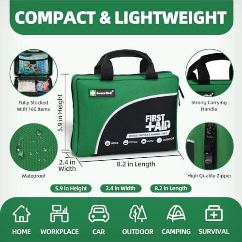 General Medi 160 Piece Compact First Aid Kit Bag - Including Cold (Ice) Pack, Emergency Blanket, Moleskin Pad,Perfect for Travel, Home, Office, Car, Camping, Workplace (Green) — view 3