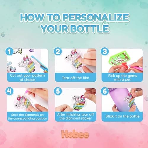 Hobee Decorate Your Own Water Bottle for Girls - Purple Unicorn Themed Arts and Crafts Kit for Kids- With Stickers and Sparkles - Crafty Girls Gifts Presents, BPA Free — view 6